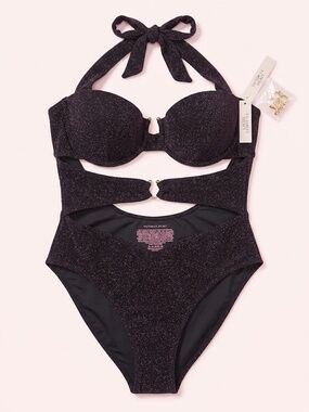 NWT Victoria's Secret Black Glitter High-Cut One-Piece Swimsuit